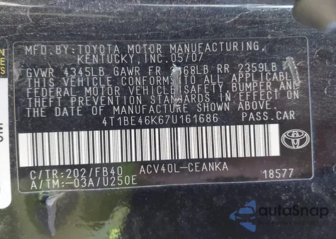 2007 Toyota Camry Le z USA, uszkodzony, nr VIN 4T1BE46K67U161686